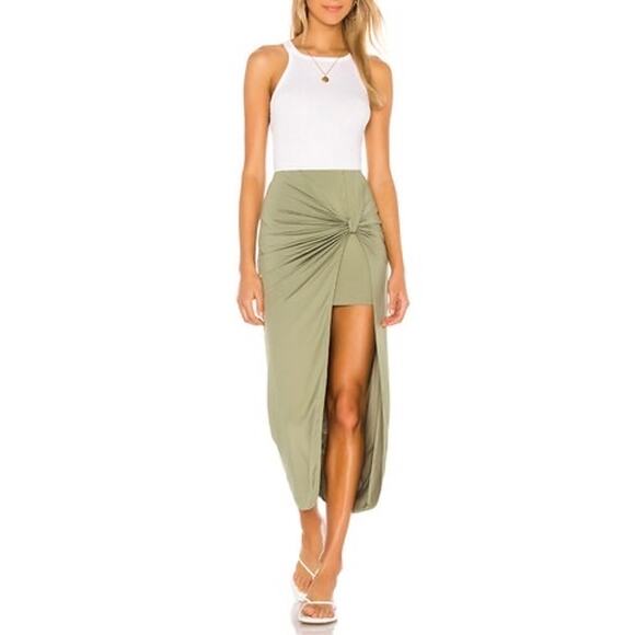 Superdown Marie Midi High Slit Mini Skirt Olive Green Stretchy Size Small - Picture 1 of 11
